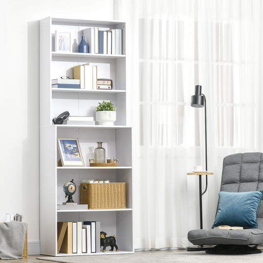 HOMCOM Biblioteca rafturi din lemn cu 6 rafturi, dulap cu rafturi reglabile pentru living si dormitor, 76,2x34,5x209cm, alb | AOSOM RO