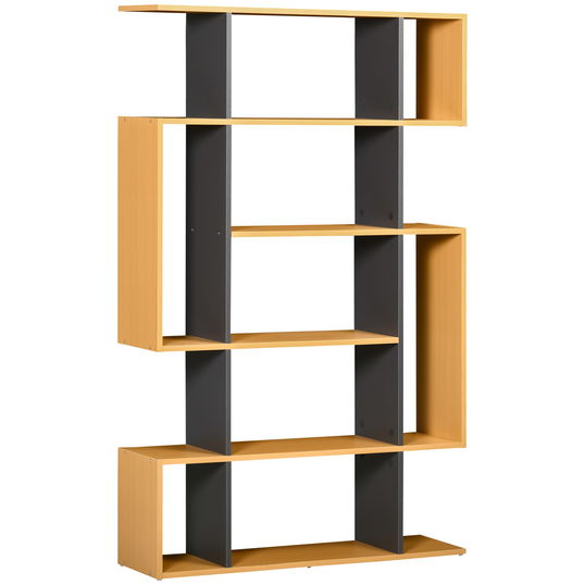 HOMCOM Biblioteca moderna cu 5 nivele si 13 rafturi deschise si design esalonat, din PAL, 95x25x150,5 cm, culoare gri si lemn | AOSOM RO