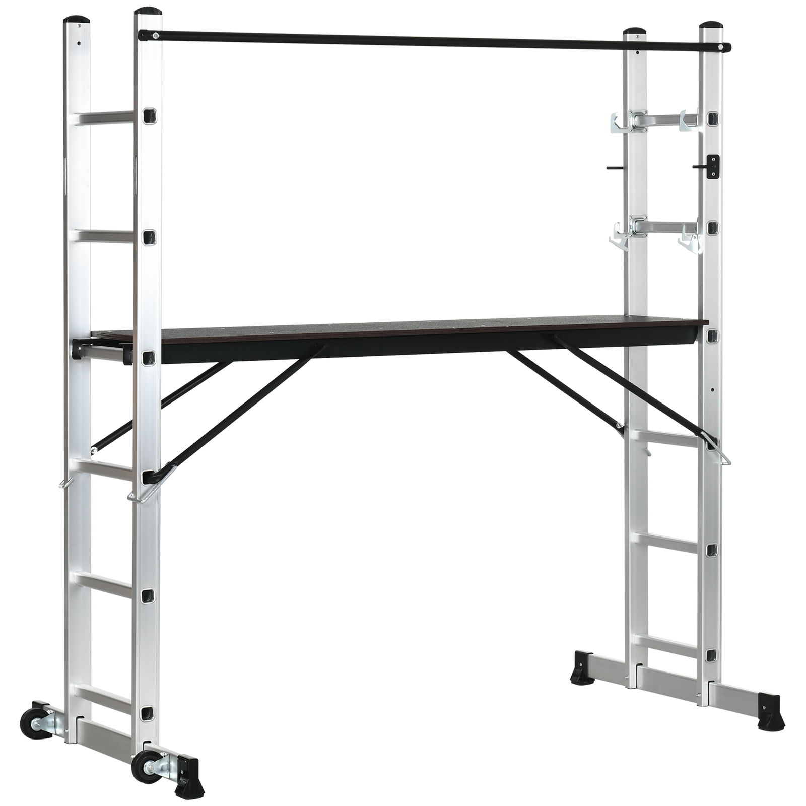 DURHAND Scara din aluminiu si lemn de plop cu design 3 in 1, schele cu inaltime reglabila, sarcina maxima 150 kg | AOSOM RO