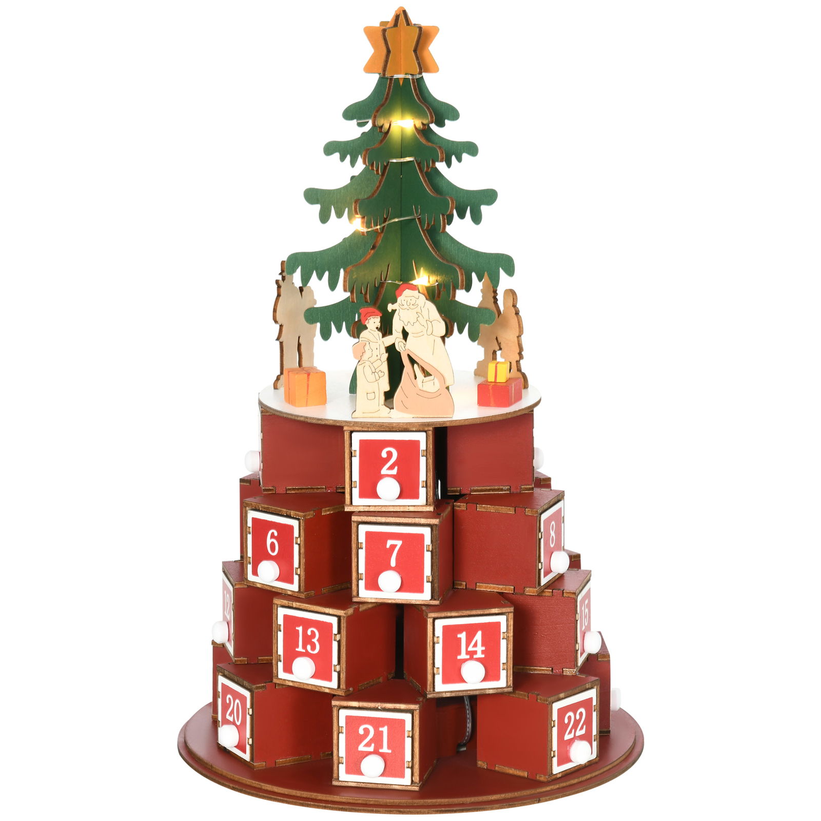 HOMCOM Calendar Advent de Craciun din lemn, cu lumini LED, pentru copii si adulti, rosu si verde