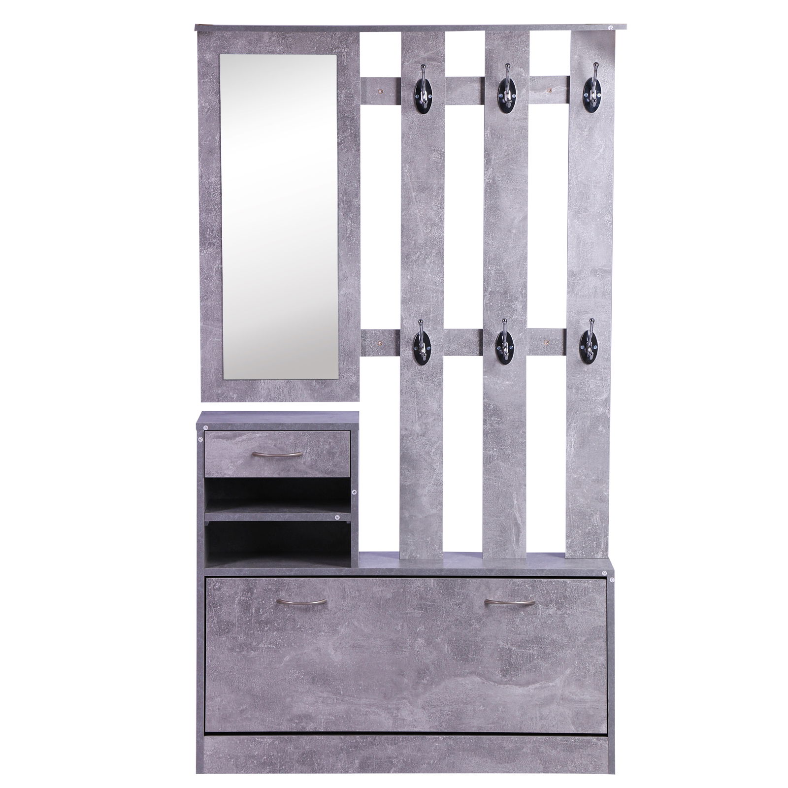 Mobile Garderoba pentru Intrare si Dormitor, cu Cuier cu 6 Carlige, Pantofar Reglabil si Oglinda, Gri ciment, 90x22x116 cm Gri ciment | AOSOM RO