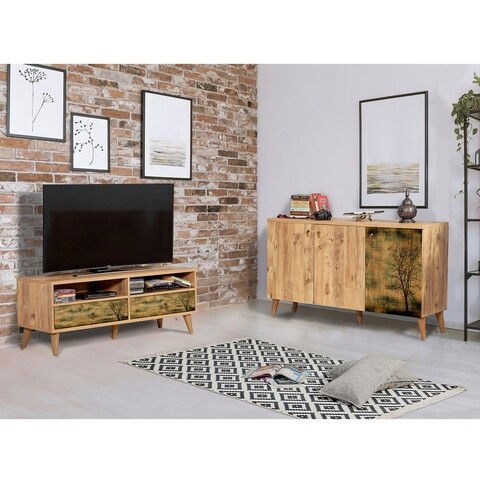 Set mobilier living 2 piese, comoda si comoda TV, Motto 2-729, Vella, atlantic pine