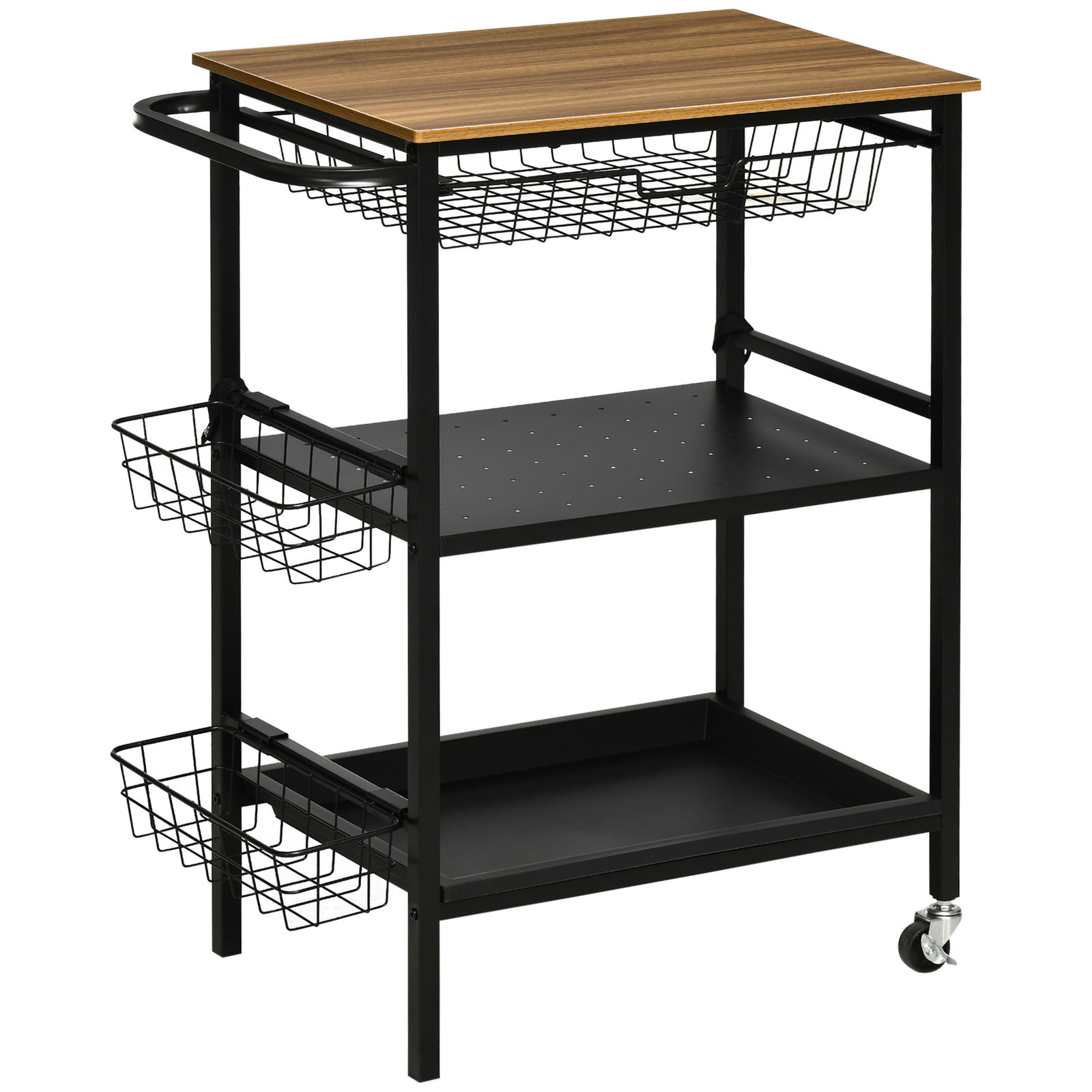 HOMCOM Carucior de bucatarie cu 3 nivele, cu 2 roti, un cos detasabil si o tava din MDF si otel, 75x43,5x91 cm | AOSOM RO