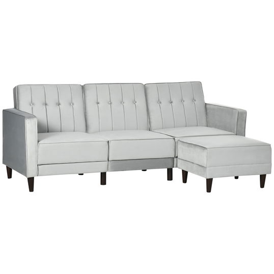 HOMCOM Canapea extensibila cu 3 locuri cu taburet si spatar inclinabil, tapiterie din catifea si scaun captusit, 218x85x86 cm, gri deschis | AOSOM RO