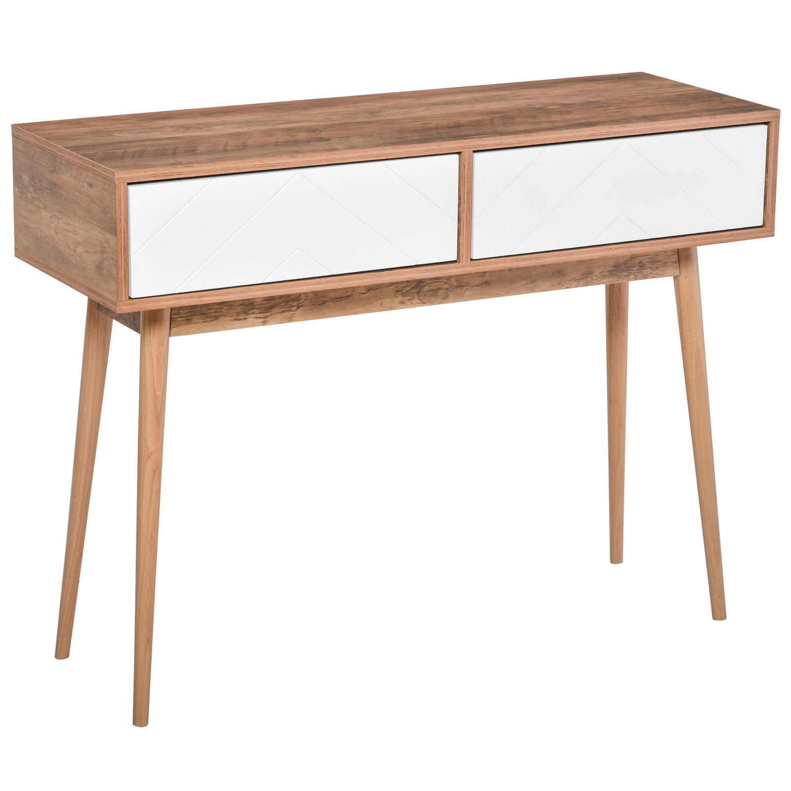 HOMCOM Consola pentru intrare si sufragerie, cu 2 Sertare Albe, Blat si Picioare de Lemn, 100x35x75cm