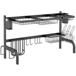 HOMCOM Uscator de vase cu 2 rafturi pentru chiuveta, cu suport pentru tacamuri si carlige, 100x30x52,5 cm, negru | AOSOM RO