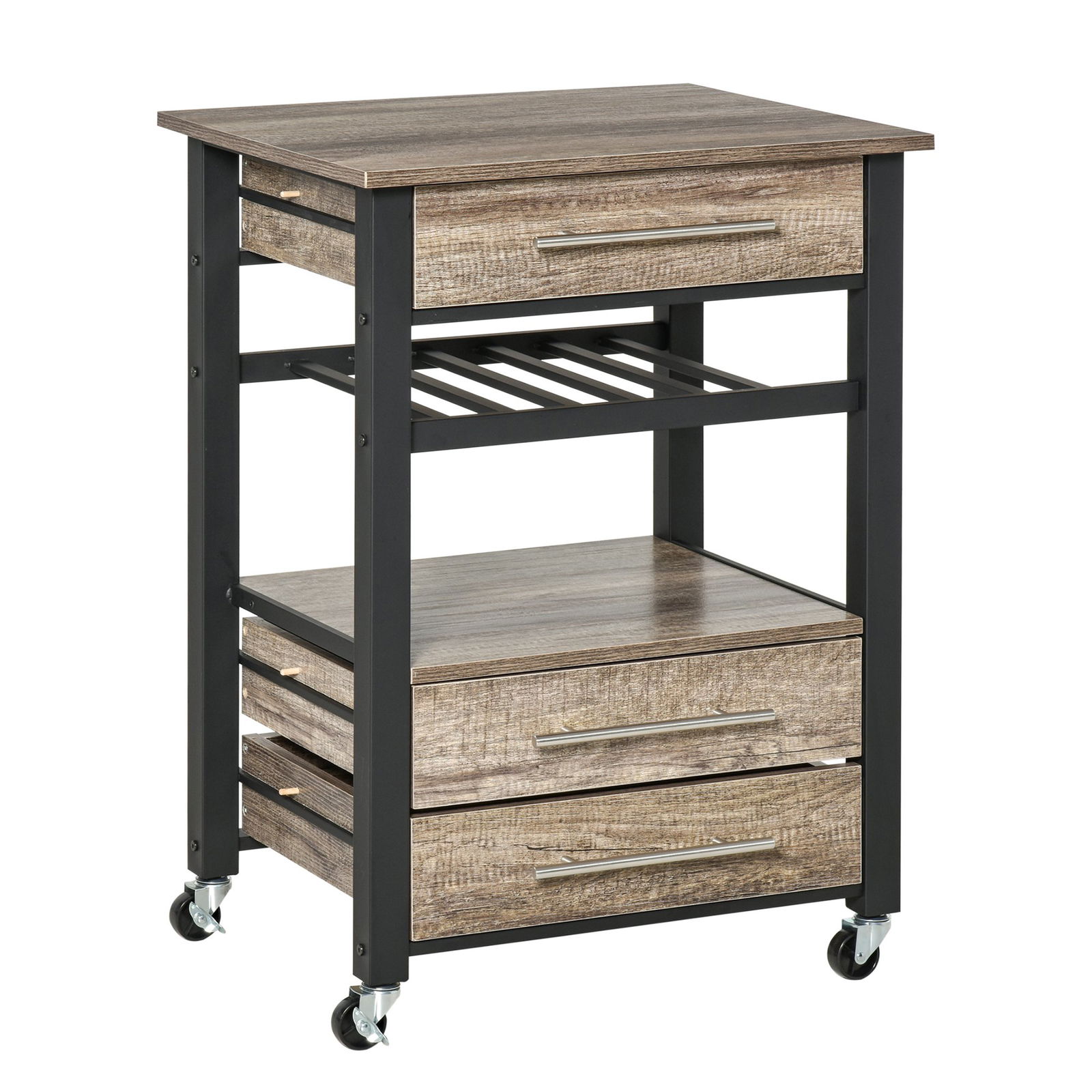 HOMCOM Carucior de bucatarie cu 3 sertare si raft, dulap multifunctional din placi de PAL, 60x50x84.5 cm, culoare stejar 