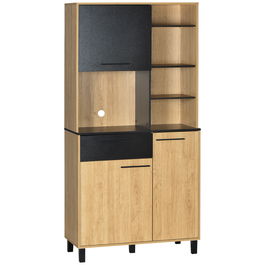 HOMCOM Dulap de bucatarie moderna din PAL si lemn de pin cu sertare si rafturi reglabile, 90x40x180 cm, culoarea lemnului si negru | AOSOM RO