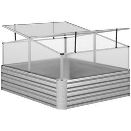 Outsunny Jardiniera inaltata din metal cu capac superior PC pentru gradina, terasa si balcon, 126x107x57,5/67,5 cm, argintiu | AOSOM RO