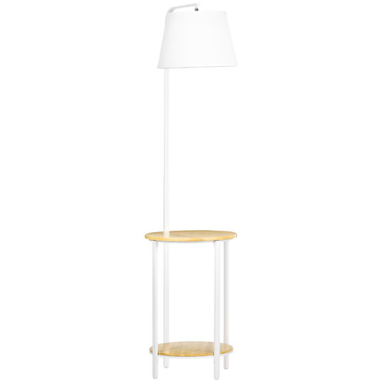 HOMCOM Lampa moderna de podea cu rafturi, cu masuta dubla din bambus, abajur din material textil, tonuri naturale | AOSOM RO