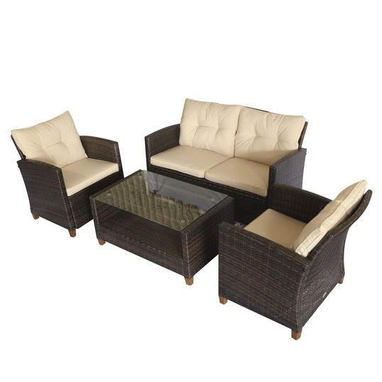 Outsunny Set Mobilier de Gradina 4 Piese din Ratan PE cu Masuta, Canapea si Fotolii Tapitate, Maro si Bej 124x68x76cm