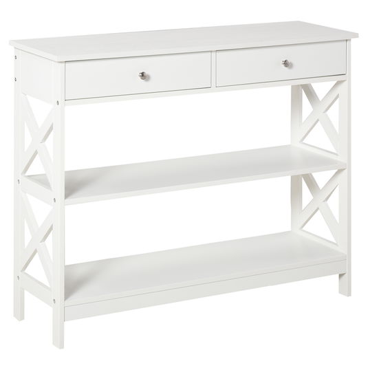 HOMCOM  Masa Consola cu 2 Sertare si 2 Rafturi Mobile pentru Intrare si Living 100x30.5x80cm, Alba