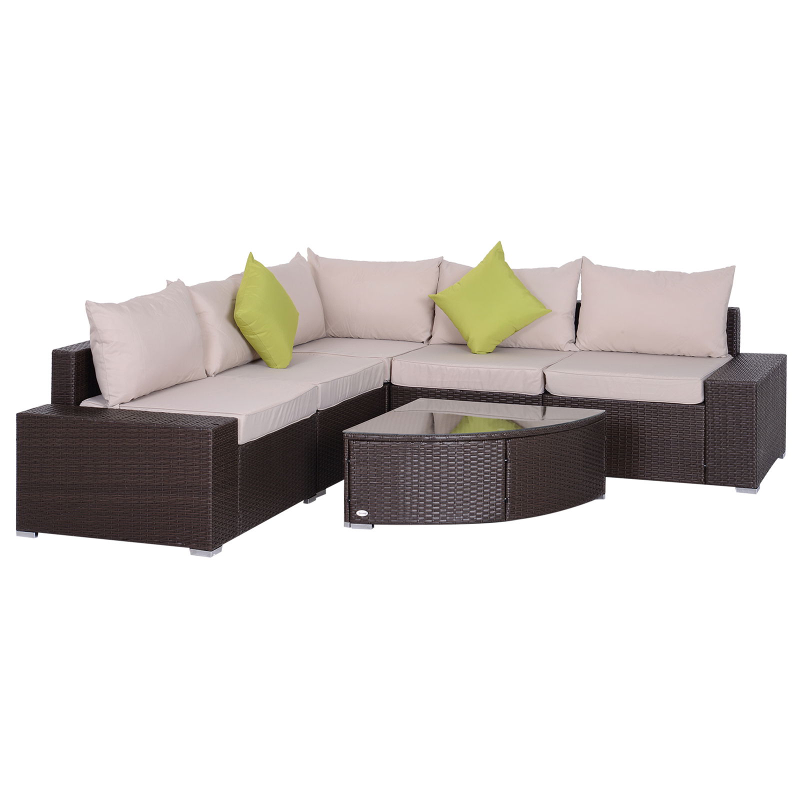 Outsunny Set Salon de Gradina din Rattan din PE de  6 Piese, Canapea cu Perne si Masuta laterală cu Raft de Sticla, Maro