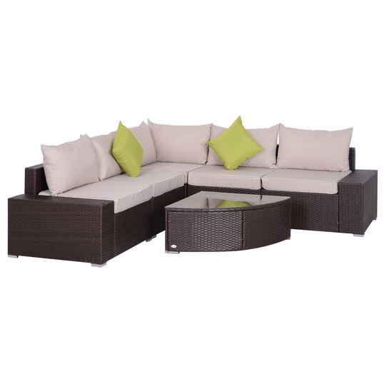 Outsunny Set Salon de Gradina din Rattan din PE de  6 Piese, Canapea cu Perne si Masuta laterală cu Raft de Sticla, Maro