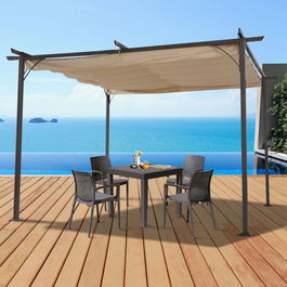 Outsunny Foisor Acoperis de Gradina Parasolar Retractabil Rama Neagra Perdea Bej 350 x 350 x 230cm