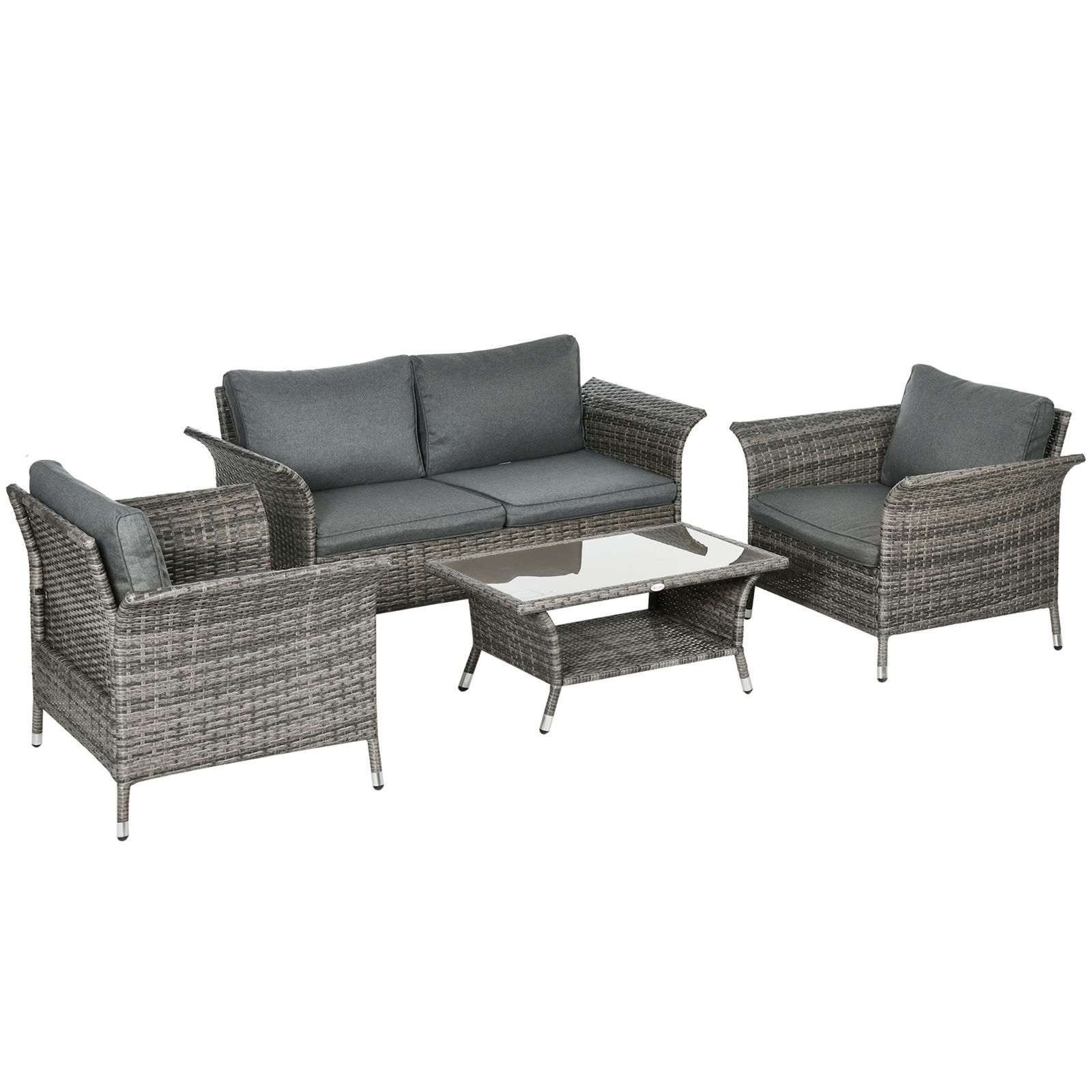 Outsunny Set de Gradina 4 Bucati Gri din Ratan PE si Otel, Masuta de Cafea pe 2 Nivele, Canapea de Exterior si 2 Scaune Moderne cu Sezuta Capitonata | AOSOM RO