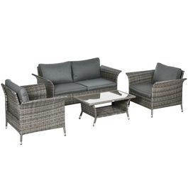 Outsunny Set de Gradina 4 Bucati Gri din Ratan PE si Otel, Masuta de Cafea pe 2 Nivele, Canapea de Exterior si 2 Scaune Moderne cu Sezuta Capitonata | AOSOM RO