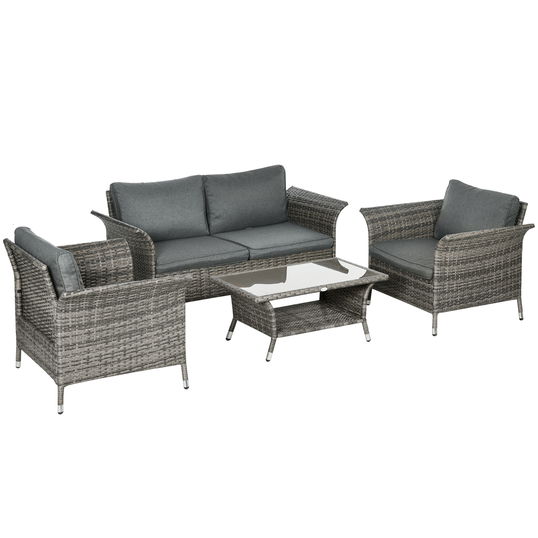 Outsunny Set de Gradina 4 Bucati Gri din Ratan PE si Otel, Masuta de Cafea pe 2 Nivele, Canapea de Exterior si 2 Scaune Moderne cu Sezuta Capitonata | AOSOM RO