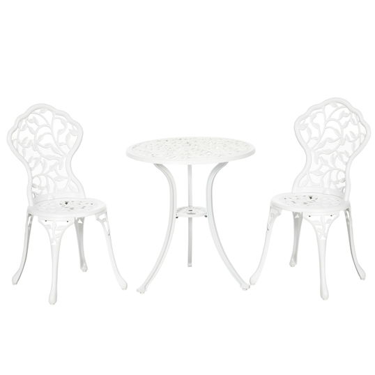 Outsunny Set pentru gradina 3 bucati din aluminiu alb cu design floral, 2 scaune pentru exterior 45x42x85.5 cm si masa rotunda Ø61x66.5 cm | AOSOM RO