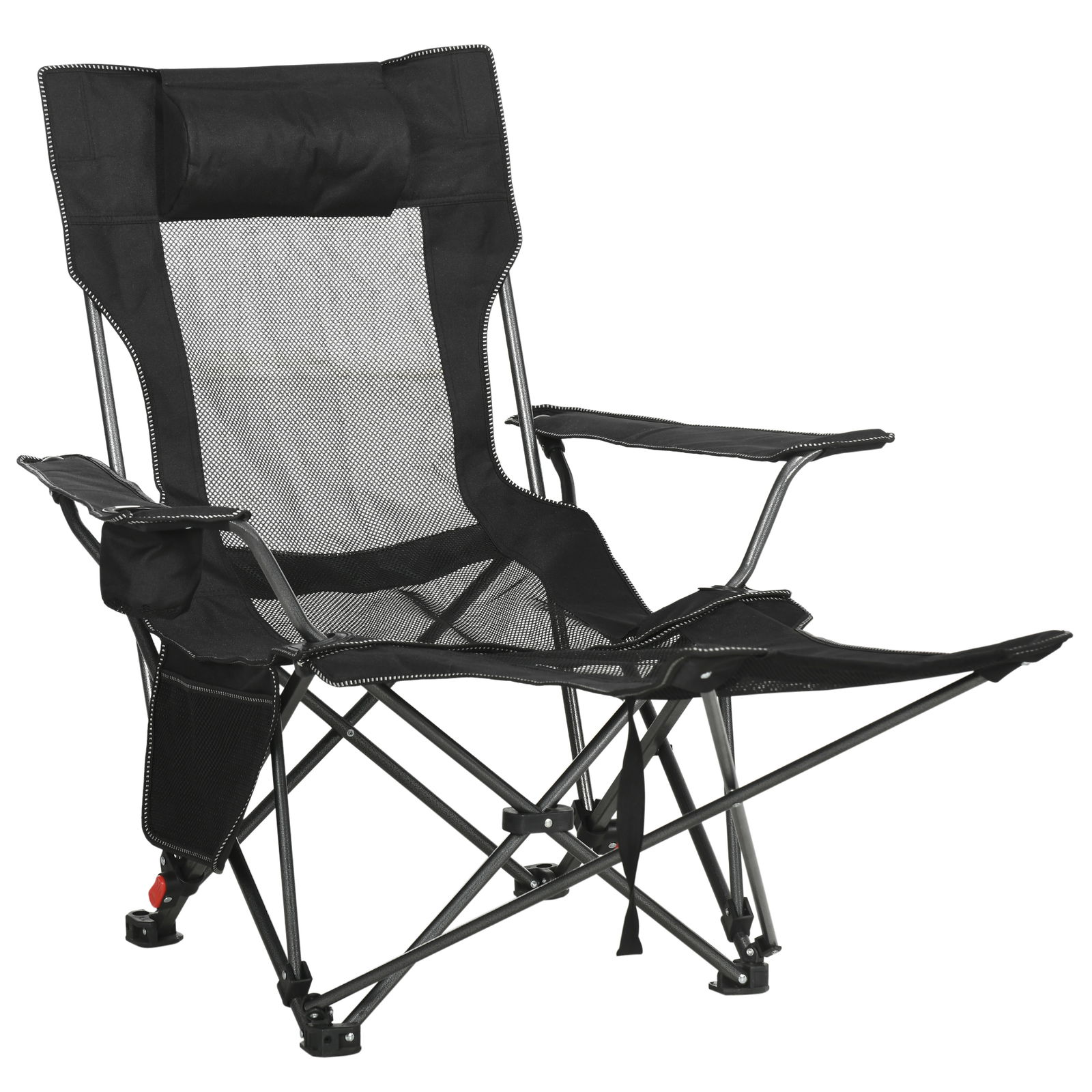 Outsunny Scaun pliant pentru camping cu spatar inclinabil si suport pentru picioare, scaun pliabil cu suport pentru pahare si buzunar, 58x148x90cm, negru | AOSOM RO