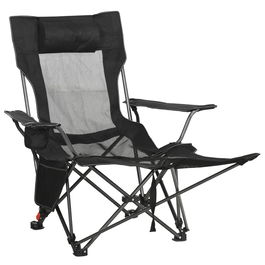 Outsunny Scaun pliant pentru camping cu spatar inclinabil si suport pentru picioare, scaun pliabil cu suport pentru pahare si buzunar, 58x148x90cm, negru | AOSOM RO