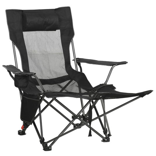 Outsunny Scaun pliant pentru camping cu spatar inclinabil si suport pentru picioare, scaun pliabil cu suport pentru pahare si buzunar, 58x148x90cm, negru | AOSOM RO