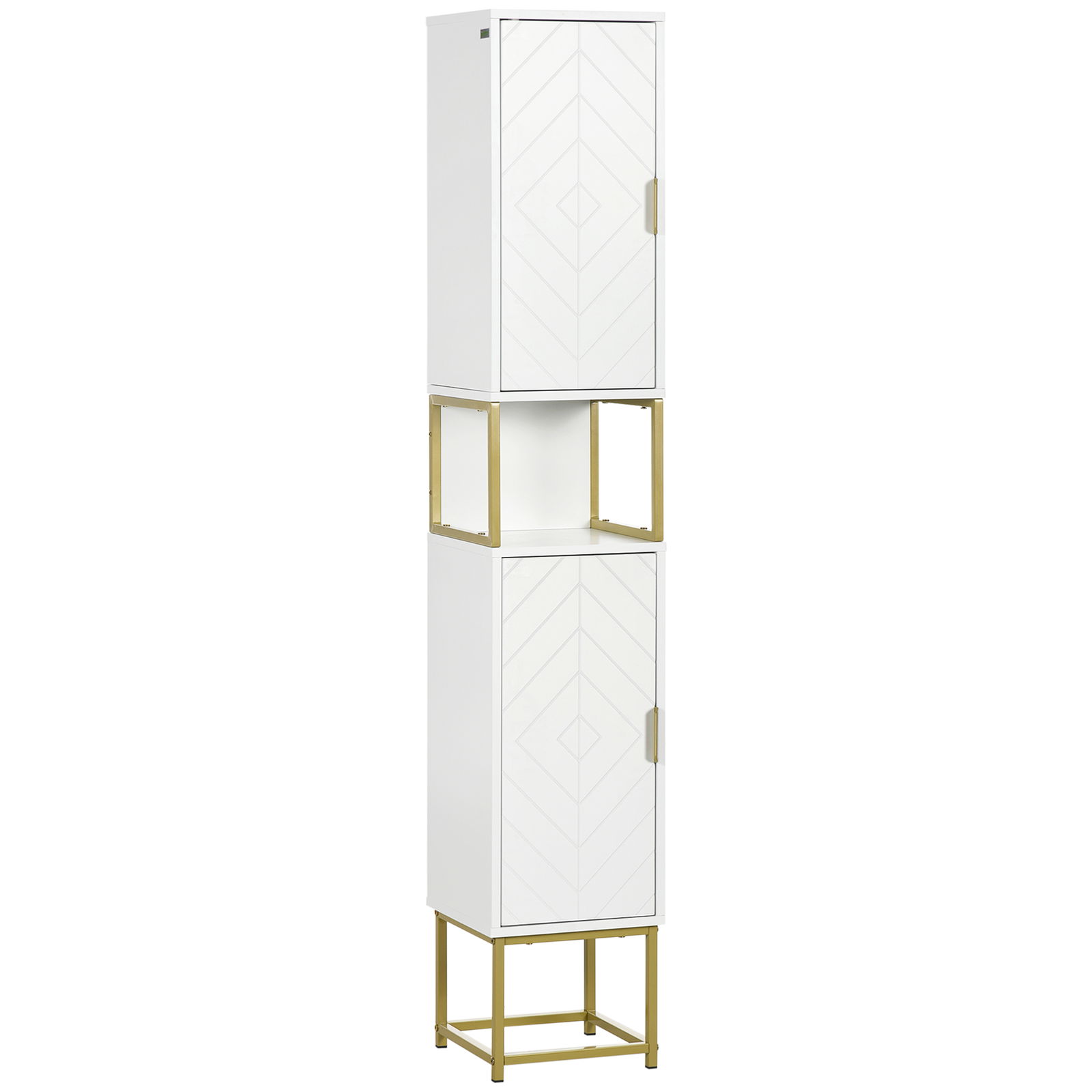 kleankin Dulap de baie cu 2 dulapuri si compartimente deschise, mobilier pentru baie de dimensiuni reduse din MDF si otel, 30x30x170.7cm, alb si auriu | AOSOM RO