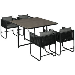 Outsunny Set de Gradina 5 Bucati din Ratan PE si Otel, 4 Scaune de Exterior cu Perne Capitonate si Masa Dreptunghiulara cu Blat din Plastic, Negru si Gri | AOSOM RO