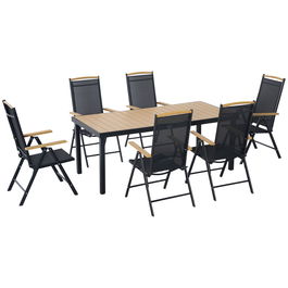 Masa Outsunny cu 6 Scaune de Gradina Pliabile si Reglabile din Texteline, Set 7 Piese Mobilier de Gradina cu Masa Dreptunghiulara, Negru