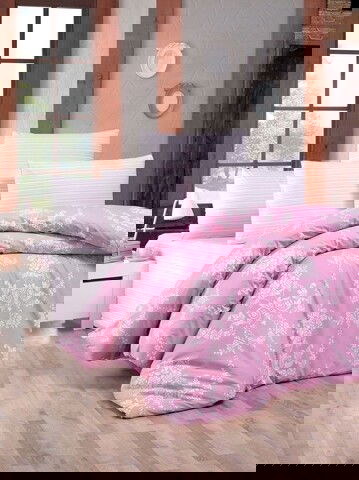 Lenjerie de pat dubla King Size, Victoria, Gloria Pink, 4 piese, 100% bumbac ranforce, roz/alb