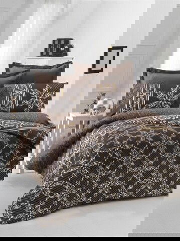 Lenjerie de pat dubla King Size, Victoria, Urban, 6 piese, 100% bumbac satinat, tesatura Jacquard, maro