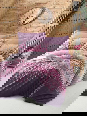 Lenjerie de pat dubla King Size, Victoria, Rina Rose, 6 piese, 100% bumbac satinat, tesatura Jacquard, rose