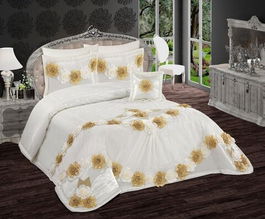 Set de pat 4 piese, Bedora, Lux Golden Flowers, poliester, alb/auriu