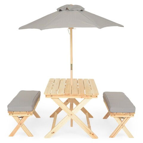Set 2 banchete + masa + umbrela, Kids Picnic, lemn de brad, natural/gri