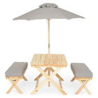 Set 2 banchete + masa + umbrela, Kids Picnic, lemn de brad, natural/gri