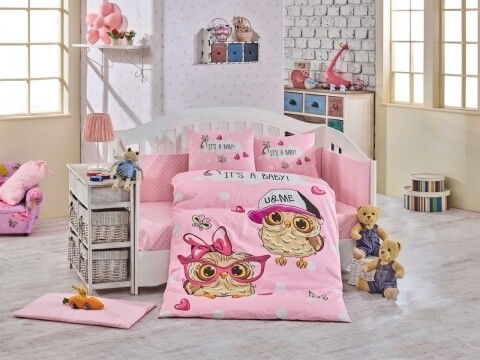 Lenjerie de pat pentru copii, 4 piese, 100% bumbac poplin, Hobby, Coolbaby, roz