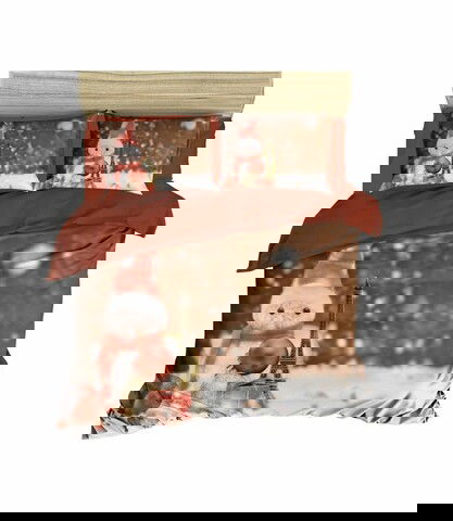 Lenjerie de pat pentru doua persoane, Pearl Home, 402, print 3D, amestec bumbac, 4 piese, maro/rosu/alb