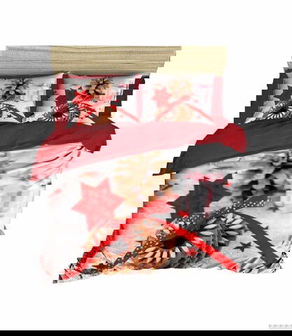 Lenjerie de pat pentru doua persoane, Pearl Home, 416, print 3D, amestec bumbac, 4 piese, alb/rosu/maro