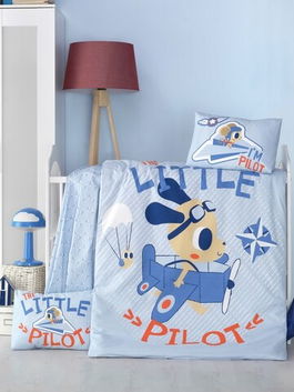 Lenjerie de pat pentru copii, Victoria, Little Pilot, 4 piese, 100% bumbac ranforce, multicolor