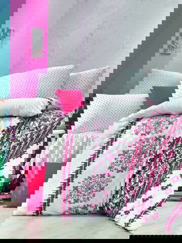 Lenjerie de pat pentru o persoana, Victoria, Mira, 3 piese, amestec bumbac, multicolor
