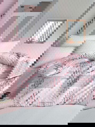 Lenjerie de pat dubla King Size, Victoria, Burcak, 4 piese, 100% bumbac ranforce, roz pudra/gri