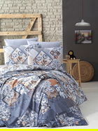 Lenjerie de pat dubla King Size, Victoria, Diana, 4 piese, 100% bumbac ranforce, albastru/maro