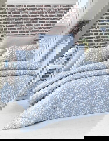 Lenjerie de pat dubla King Size, Victoria, Verano Blue, 6 piese, 100% bumbac satinat, tesatura Jacquard, albastru
