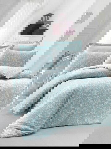 Lenjerie de pat dubla King Size, Victoria, Verano Mint, 6 piese, 100% bumbac satinat, tesatura Jacquard, menta