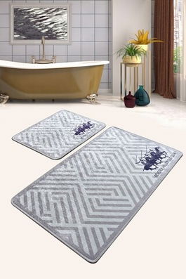 Set 2 covorase de baie Platin DJT, Beverly Hills Polo Club, 60x100 cm/50x60 cm, catifea, albastru/gri