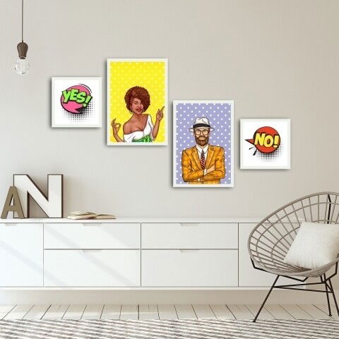 Set 4 tablouri decorative, Alpha Wall, Yes! No!, 100% MDF, multicolor