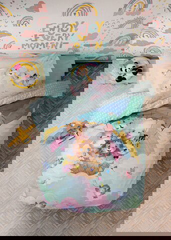 Lenjerie de pat pentru o persoana, 3 piese, 160x220 cm, 100% bumbac ranforce, Cotton Box, Cute Animals, menta