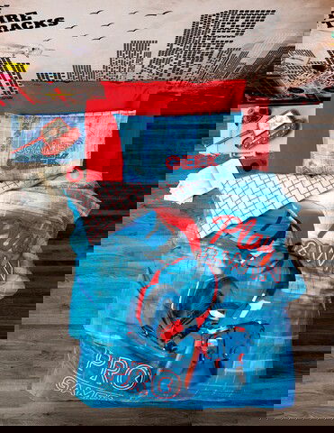 Lenjerie de pat pentru o persoana Young, 3 piese, 160x220 cm, 100% bumbac ranforce, Cotton Box, Game, albastru