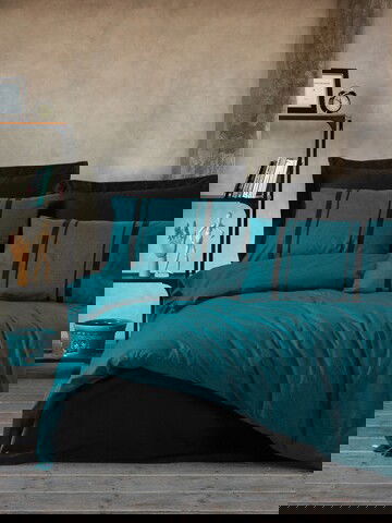 Lenjerie de pat dubla, 4 piese, 200x220 cm, 100% bumbac ranforce, Cotton Box, Bitter, albastru petrol