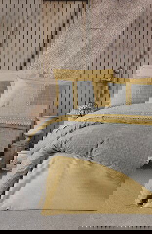 Lenjerie de pat dubla, 6 piese, 200x220 cm, 100% bumbac ranforce, cu detalii brodate, Cotton Box, Hazel, galben mustar